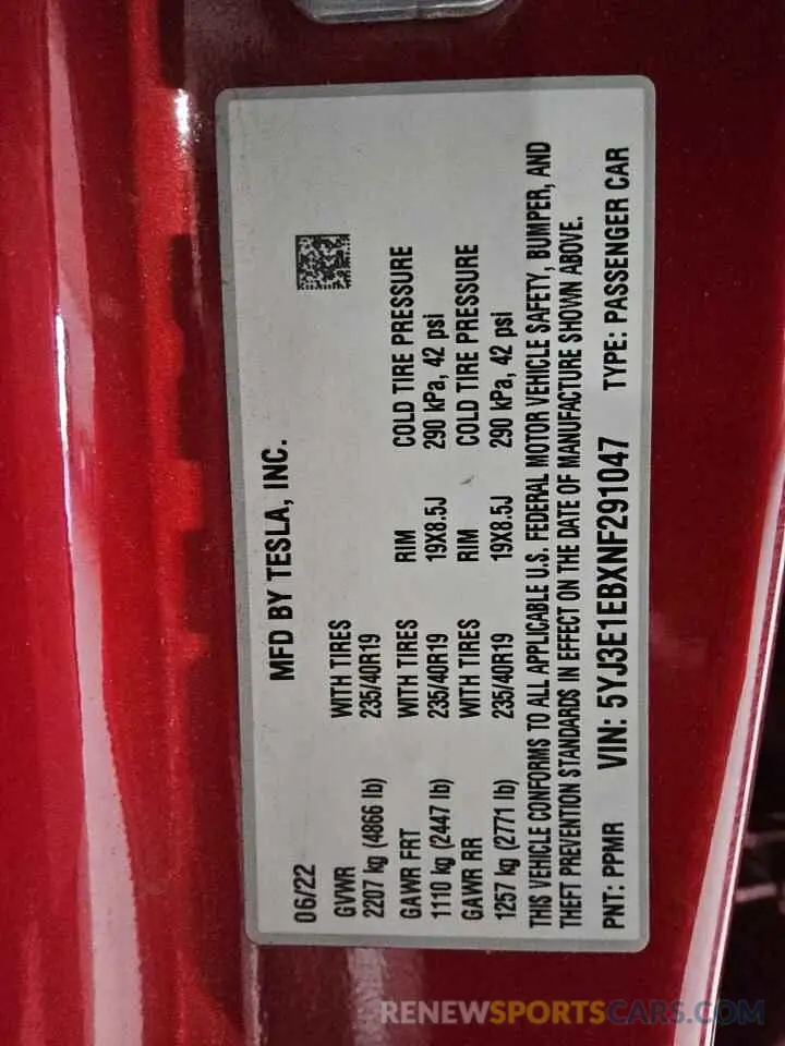 12 Фотография поврежденного автомобиля 5YJ3E1EBXNF291047 TESLA MODEL 3 2022