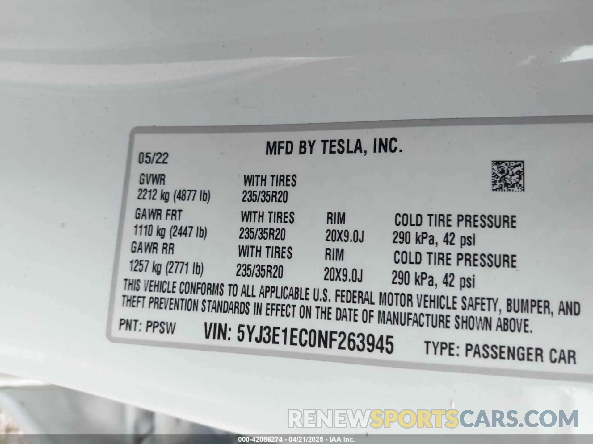 9 Фотография поврежденного автомобиля 5YJ3E1EC0NF263945 TESLA MODEL 3 2022