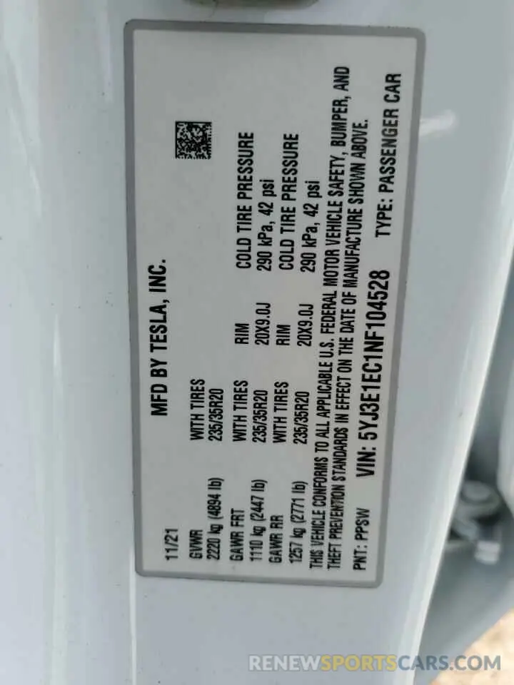 12 Фотография поврежденного автомобиля 5YJ3E1EC1NF104528 TESLA MODEL 3 2022