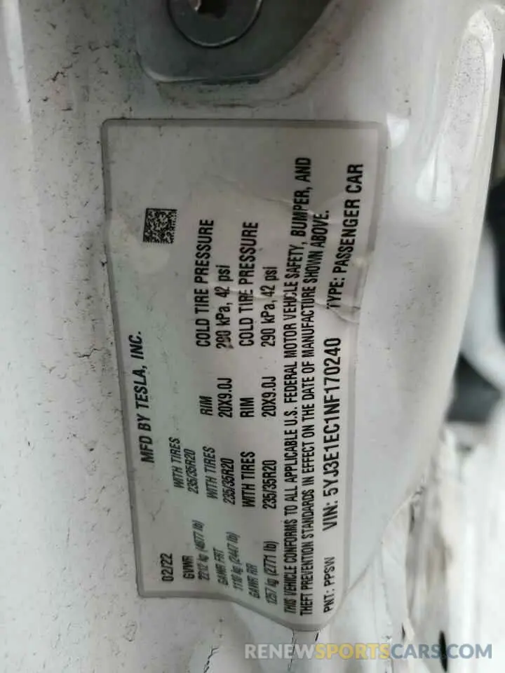 15 Фотография поврежденного автомобиля 5YJ3E1EC1NF170240 TESLA MODEL 3 2022
