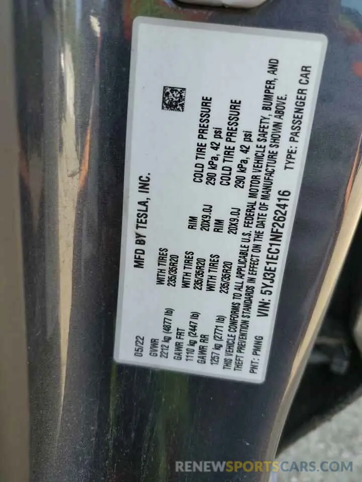 13 Фотография поврежденного автомобиля 5YJ3E1EC1NF262416 TESLA MODEL 3 2022