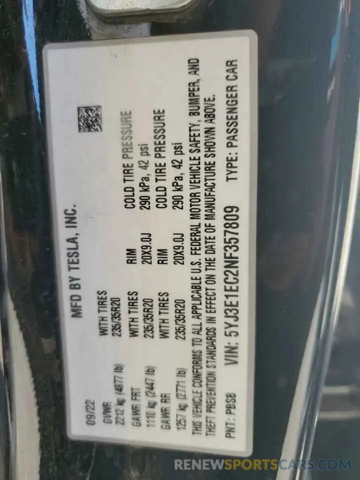 14 Фотография поврежденного автомобиля 5YJ3E1EC2NF357809 TESLA MODEL 3 2022