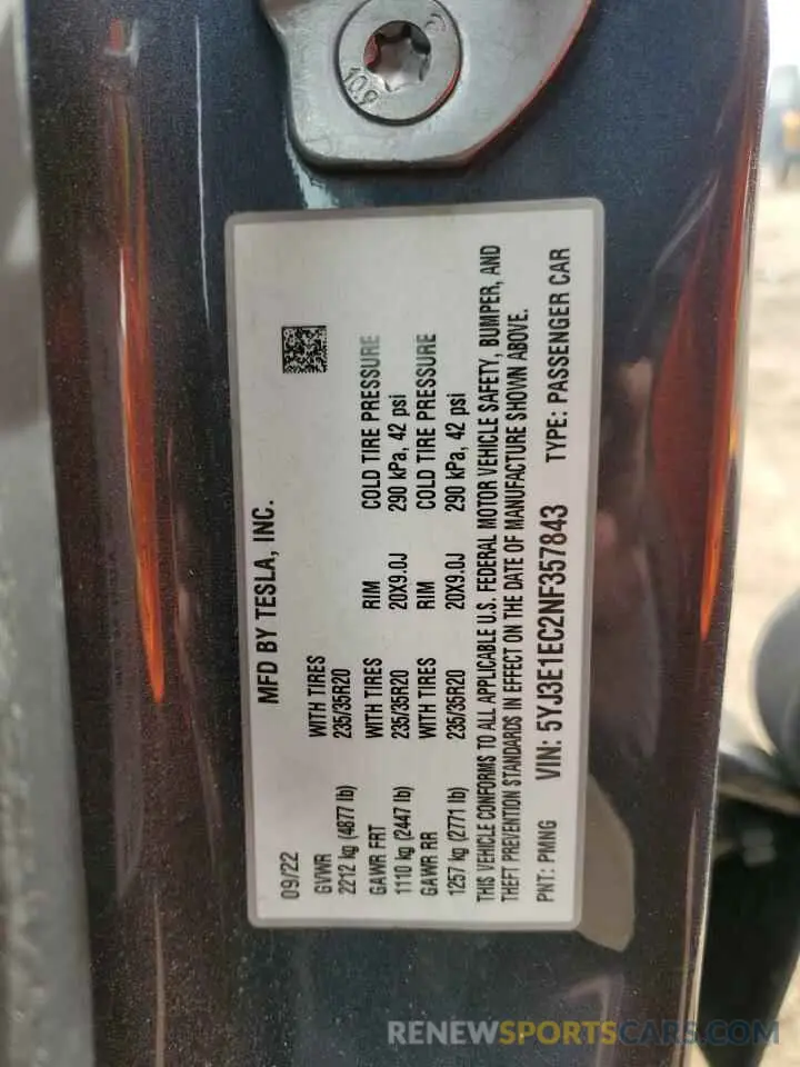12 Фотография поврежденного автомобиля 5YJ3E1EC2NF357843 TESLA MODEL 3 2022
