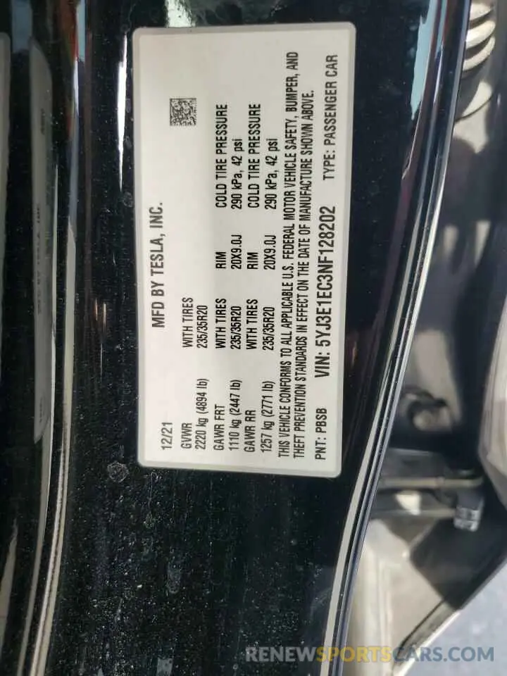 12 Фотография поврежденного автомобиля 5YJ3E1EC3NF128202 TESLA MODEL 3 2022