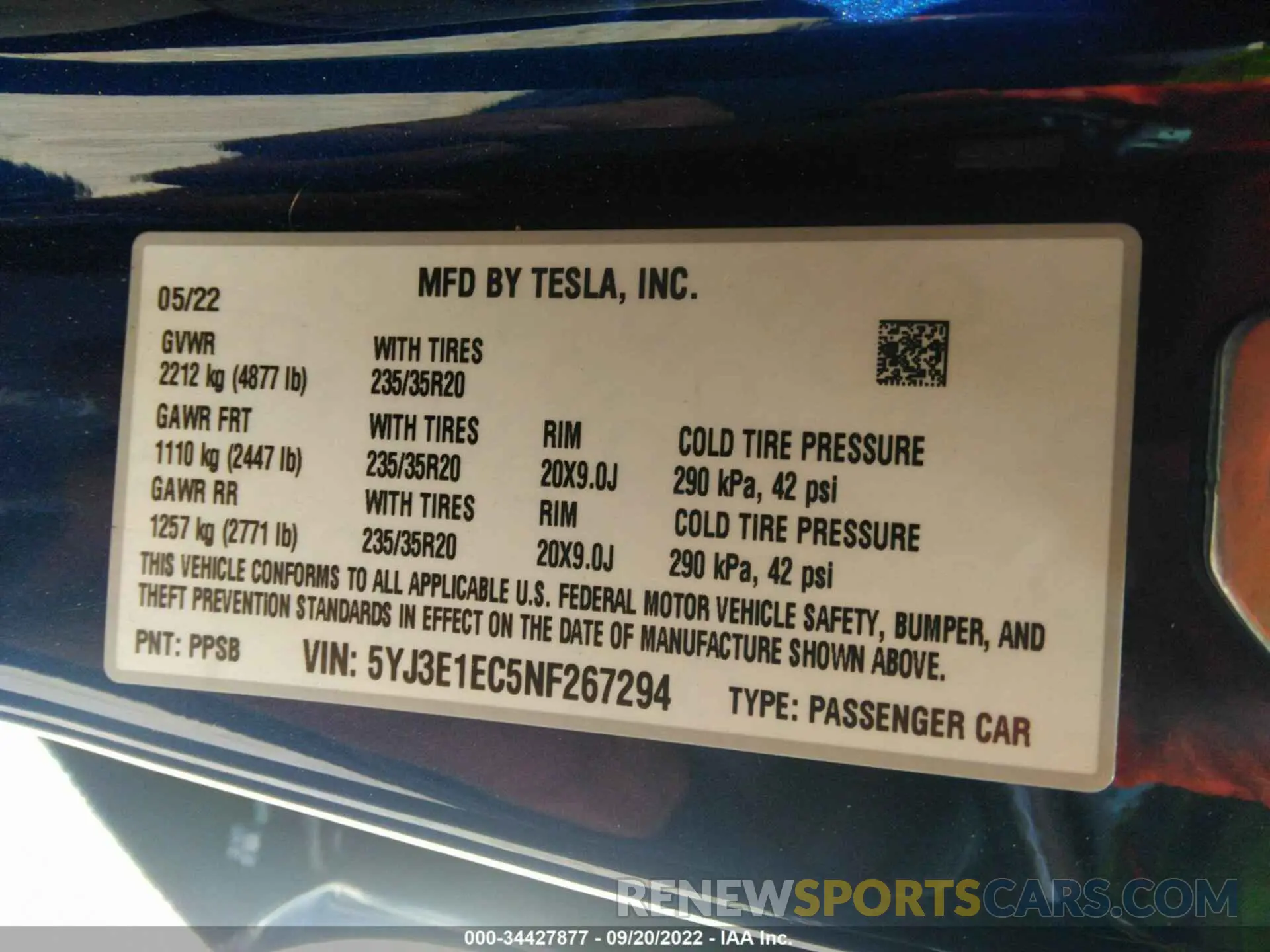 9 Фотография поврежденного автомобиля 5YJ3E1EC5NF267294 TESLA MODEL 3 2022