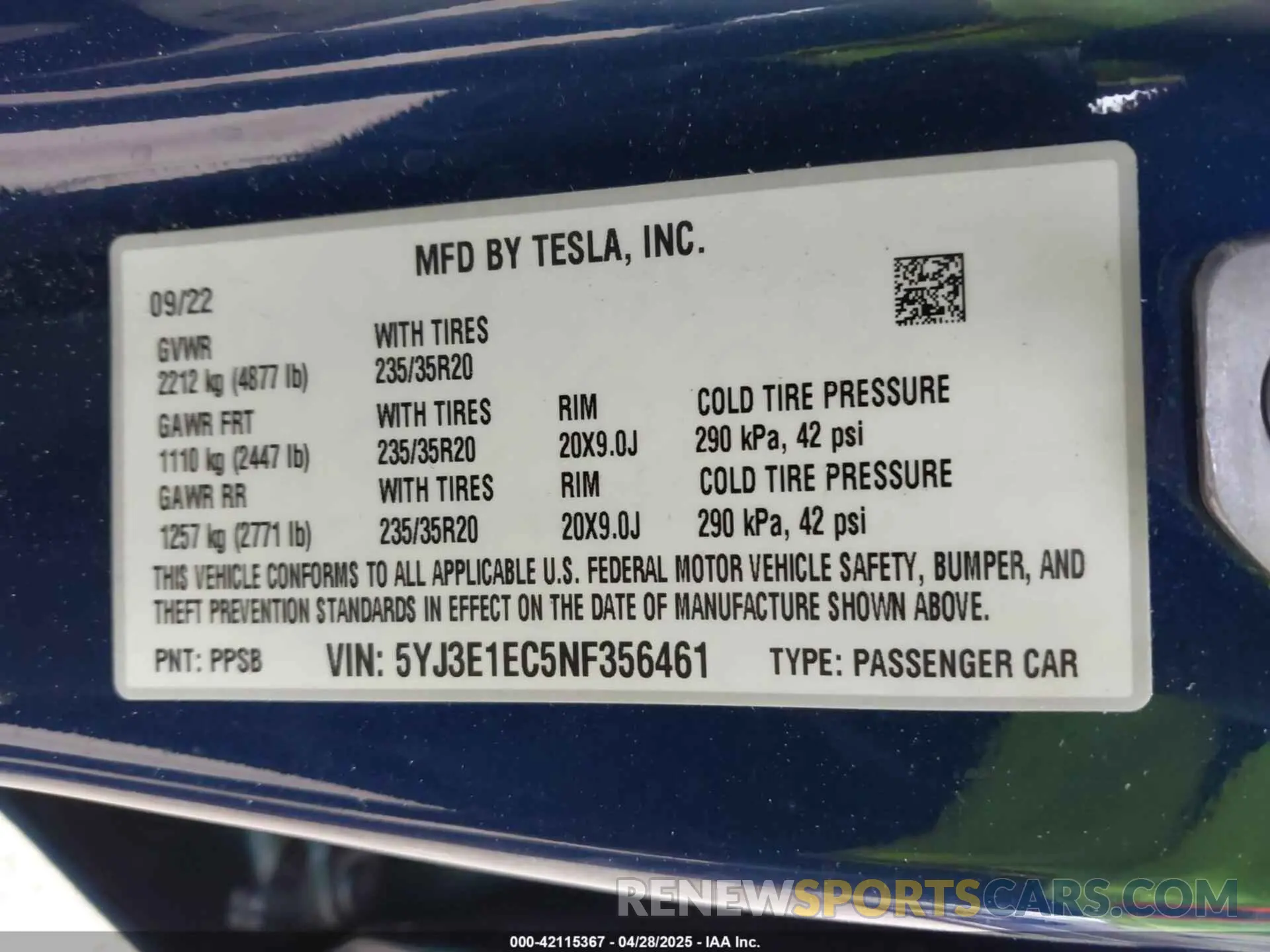 9 Фотография поврежденного автомобиля 5YJ3E1EC5NF356461 TESLA MODEL 3 2022