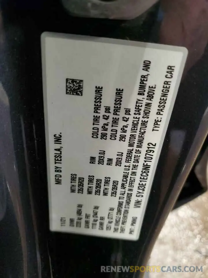 13 Фотография поврежденного автомобиля 5YJ3E1EC6NF107912 TESLA MODEL 3 2022
