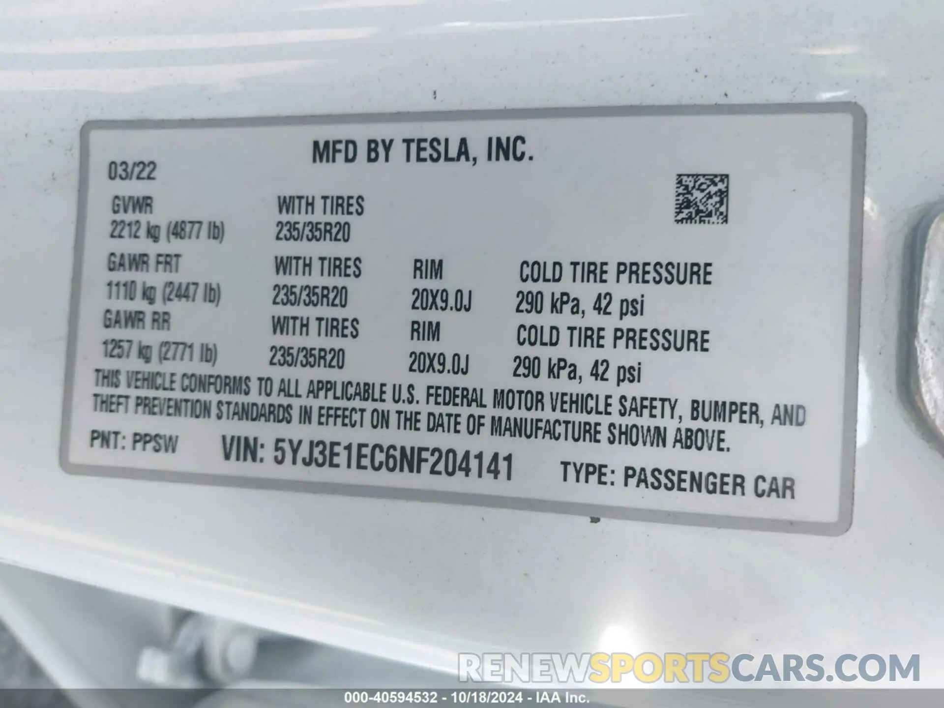 9 Фотография поврежденного автомобиля 5YJ3E1EC6NF204141 TESLA MODEL 3 2022