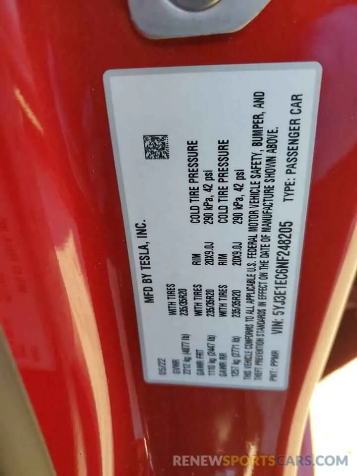14 Photograph of a damaged car 5YJ3E1EC6NF248205 TESLA MODEL 3 2022