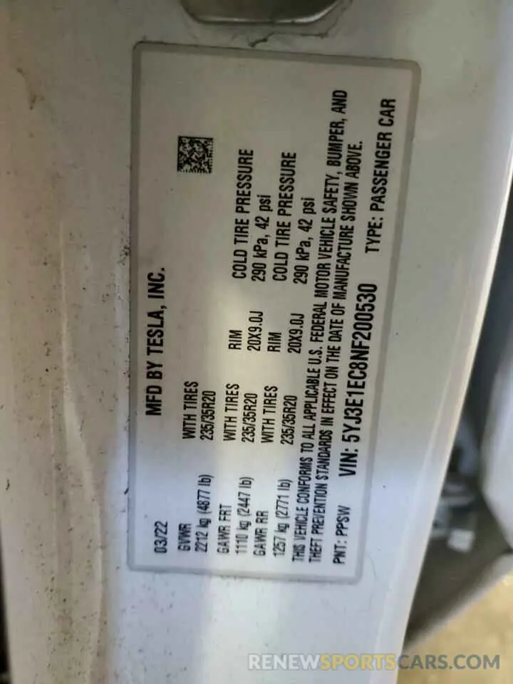 12 Фотография поврежденного автомобиля 5YJ3E1EC8NF200530 TESLA MODEL 3 2022