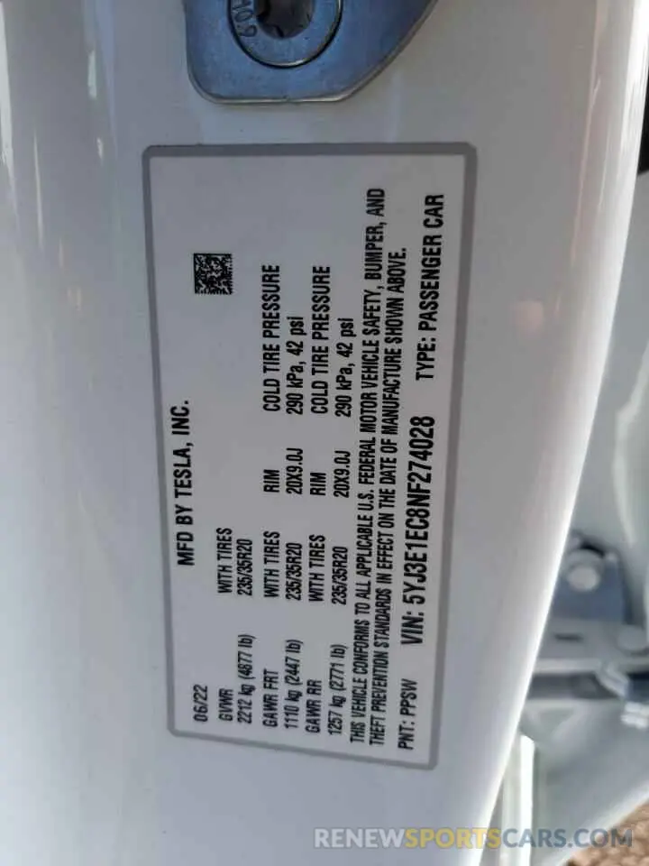 10 Фотография поврежденного автомобиля 5YJ3E1EC8NF274028 TESLA MODEL 3 2022