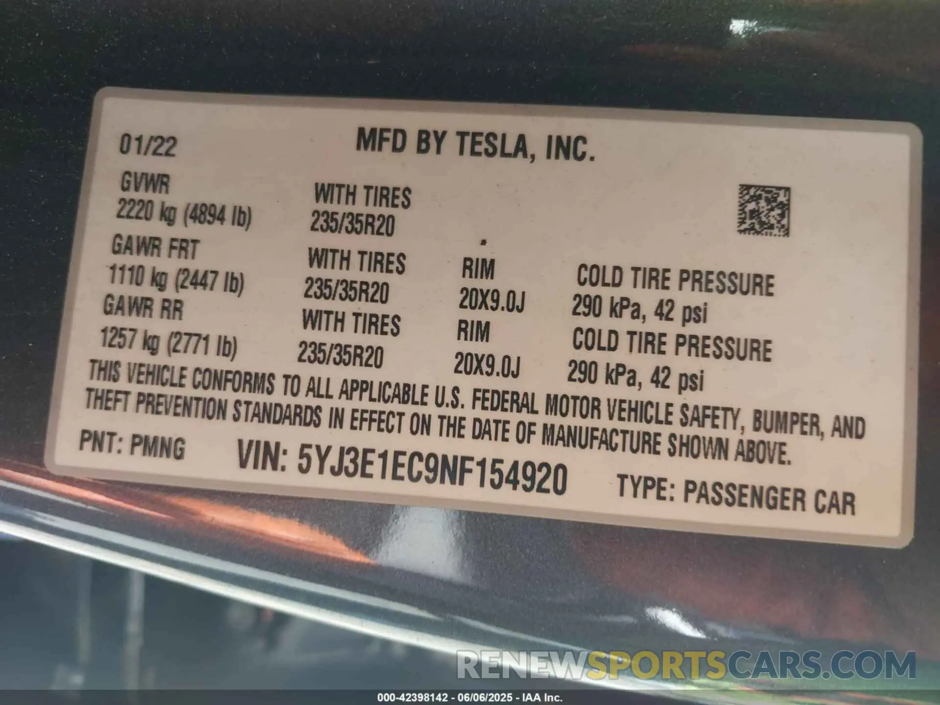 9 Фотография поврежденного автомобиля 5YJ3E1EC9NF154920 TESLA MODEL 3 2022