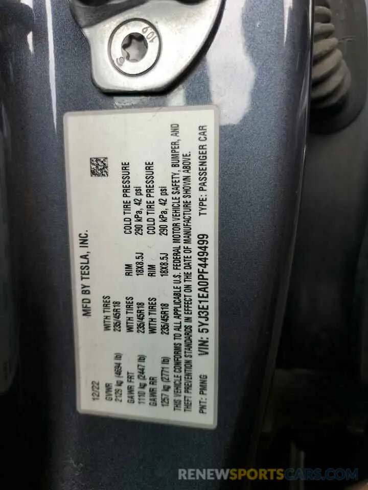 12 Фотография поврежденного автомобиля 5YJ3E1EA0PF449499 TESLA MODEL 3 2023