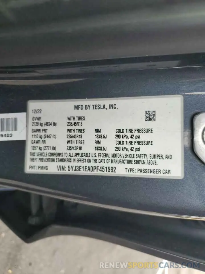12 Photograph of a damaged car 5YJ3E1EA0PF451592 TESLA MODEL 3 2023