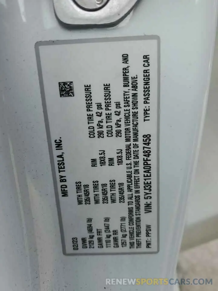 12 Фотография поврежденного автомобиля 5YJ3E1EA0PF487458 TESLA MODEL 3 2023
