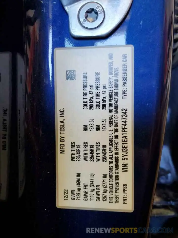 12 Фотография поврежденного автомобиля 5YJ3E1EA1PF447342 TESLA MODEL 3 2023