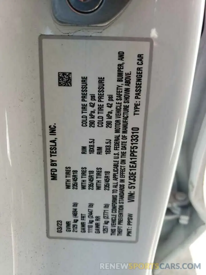 13 Фотография поврежденного автомобиля 5YJ3E1EA1PF513310 TESLA MODEL 3 2023