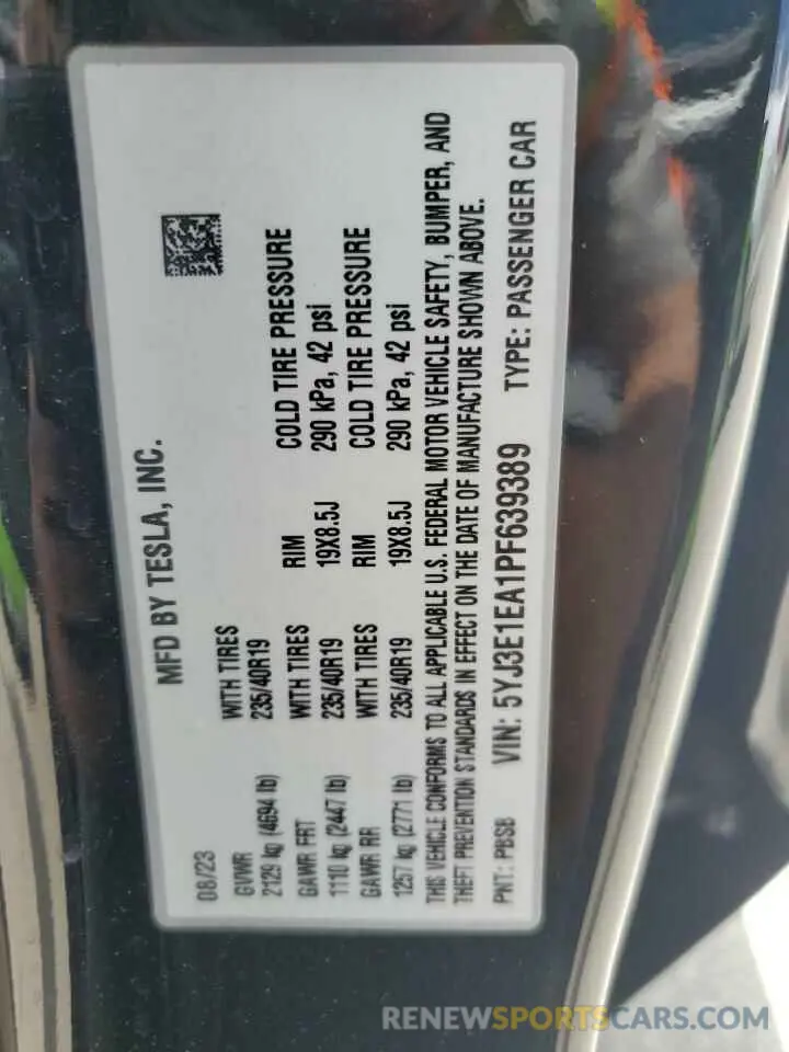 12 Фотография поврежденного автомобиля 5YJ3E1EA1PF639389 TESLA MODEL 3 2023