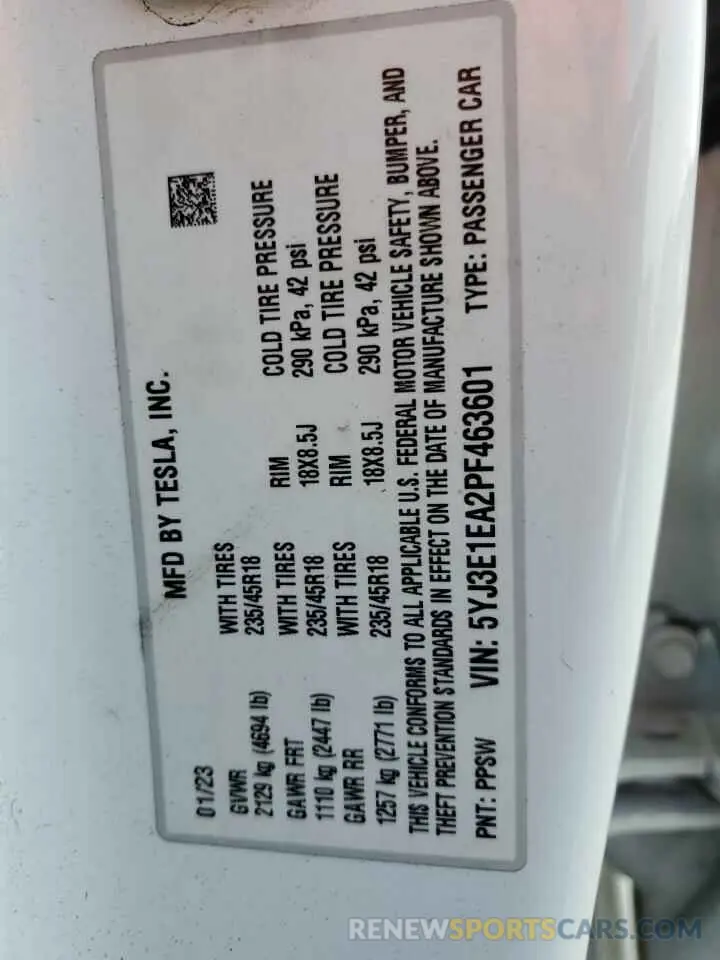 12 Photograph of a damaged car 5YJ3E1EA2PF463601 TESLA MODEL 3 2023
