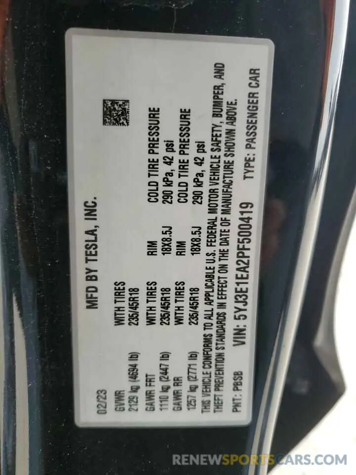 14 Фотография поврежденного автомобиля 5YJ3E1EA2PF500419 TESLA MODEL 3 2023