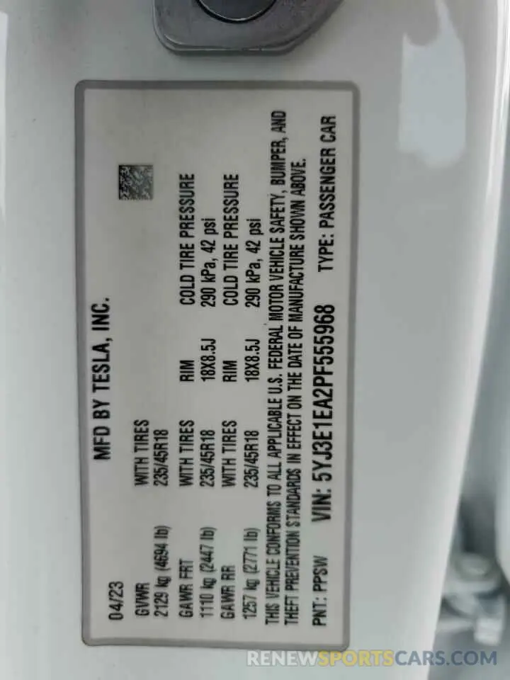 13 Фотография поврежденного автомобиля 5YJ3E1EA2PF555968 TESLA MODEL 3 2023