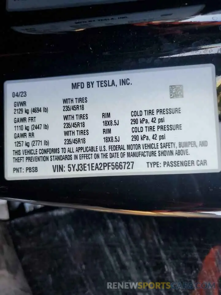 12 Photograph of a damaged car 5YJ3E1EA2PF566727 TESLA MODEL 3 2023