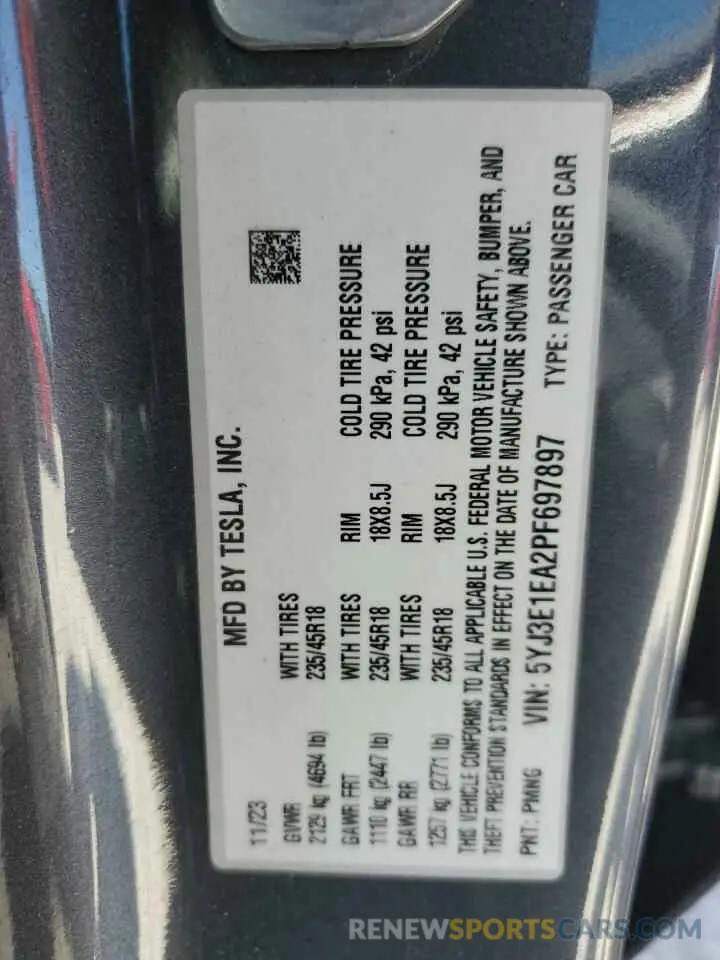 13 Photograph of a damaged car 5YJ3E1EA2PF697897 TESLA MODEL 3 2023
