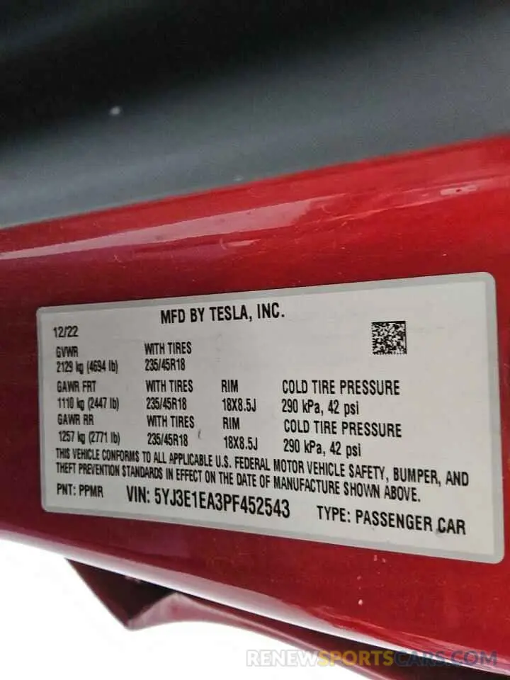 12 Photograph of a damaged car 5YJ3E1EA3PF452543 TESLA MODEL 3 2023
