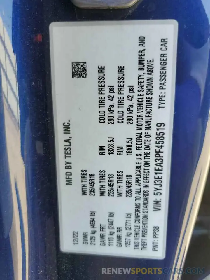 13 Photograph of a damaged car 5YJ3E1EA3PF458519 TESLA MODEL 3 2023