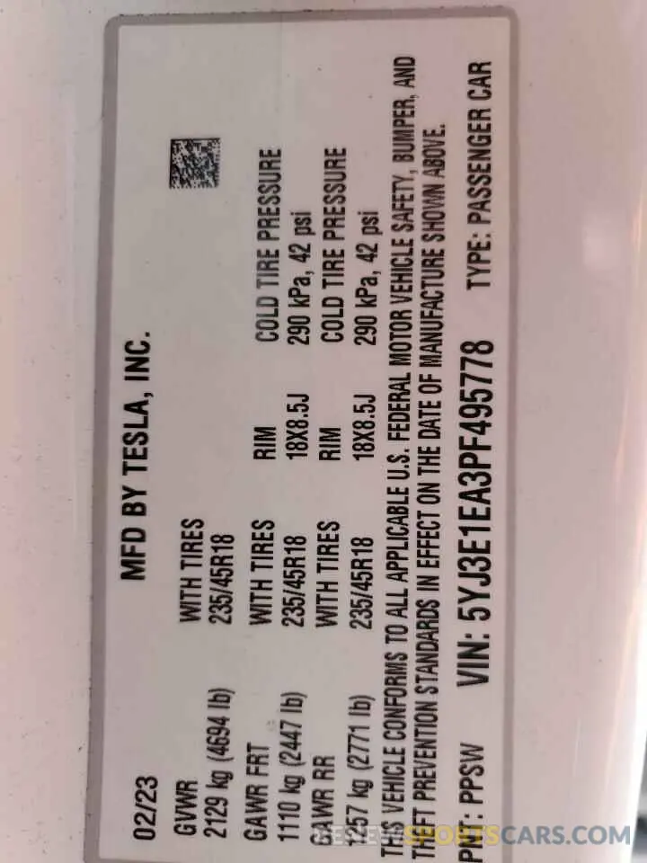 13 Фотография поврежденного автомобиля 5YJ3E1EA3PF495778 TESLA MODEL 3 2023