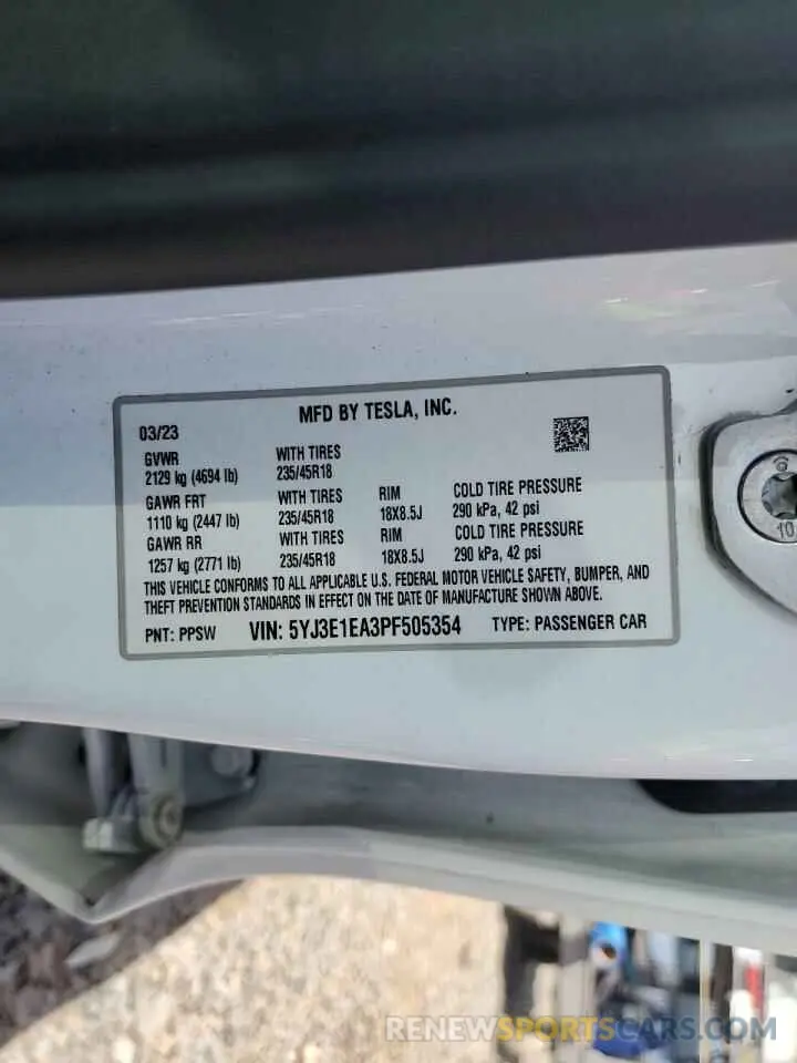 13 Фотография поврежденного автомобиля 5YJ3E1EA3PF505354 TESLA MODEL 3 2023