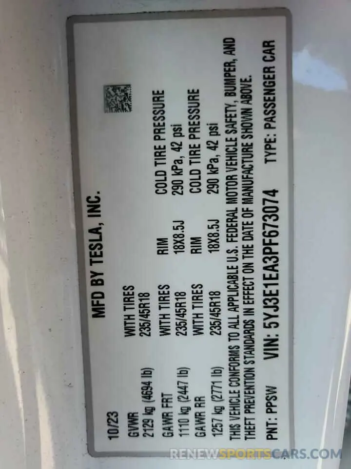12 Фотография поврежденного автомобиля 5YJ3E1EA3PF673074 TESLA MODEL 3 2023