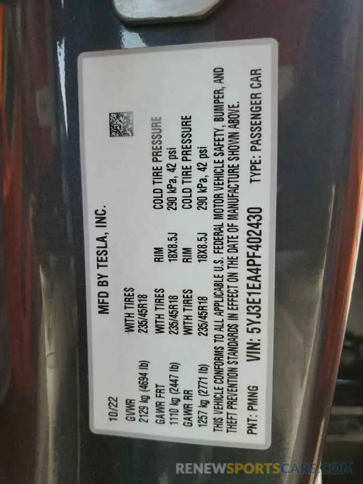 16 Фотография поврежденного автомобиля 5YJ3E1EA4PF402430 TESLA MODEL 3 2023