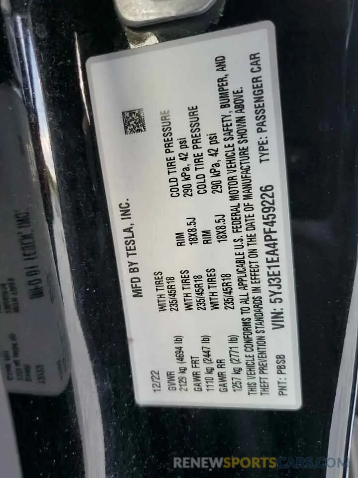12 Фотография поврежденного автомобиля 5YJ3E1EA4PF459226 TESLA MODEL 3 2023
