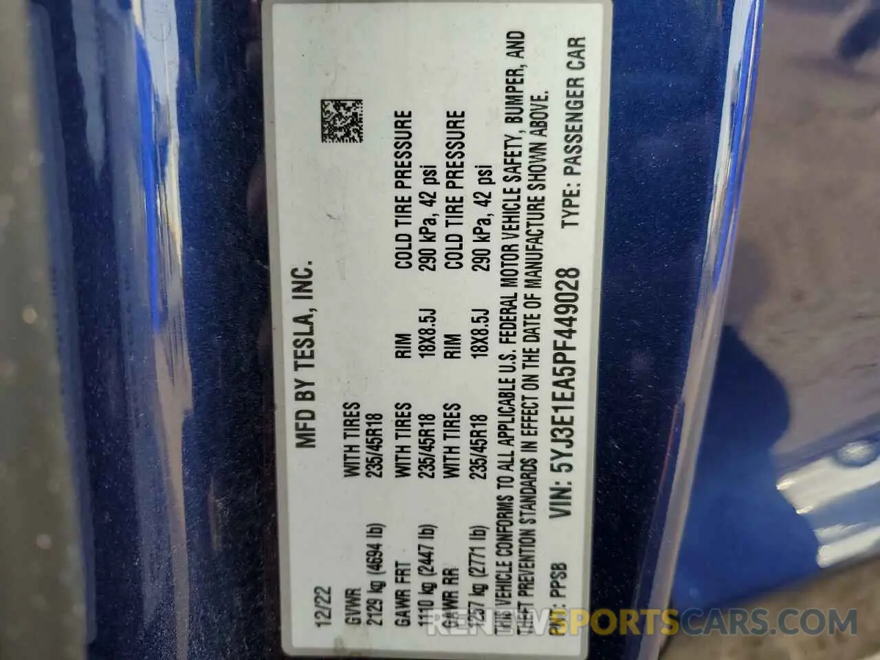 12 Фотография поврежденного автомобиля 5YJ3E1EA5PF449028 TESLA MODEL 3 2023
