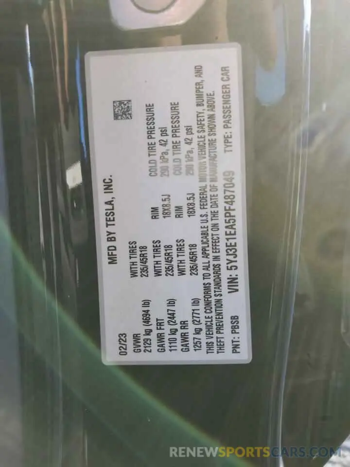 12 Фотография поврежденного автомобиля 5YJ3E1EA5PF487049 TESLA MODEL 3 2023