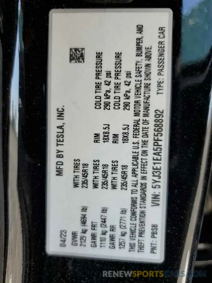 12 Фотография поврежденного автомобиля 5YJ3E1EA5PF568892 TESLA MODEL 3 2023