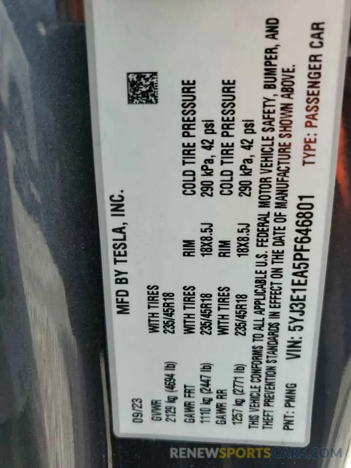 13 Photograph of a damaged car 5YJ3E1EA5PF646801 TESLA MODEL 3 2023