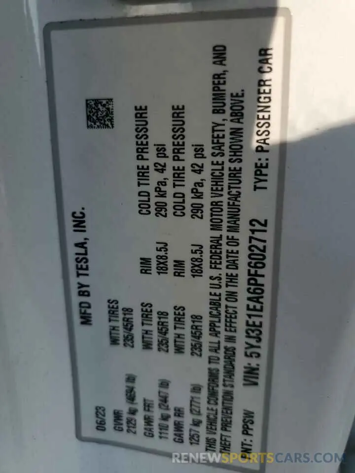 12 Photograph of a damaged car 5YJ3E1EA6PF602712 TESLA MODEL 3 2023