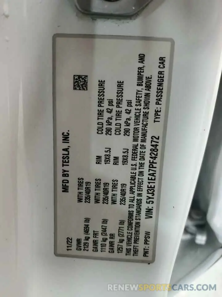 12 Фотография поврежденного автомобиля 5YJ3E1EA7PF428472 TESLA MODEL 3 2023
