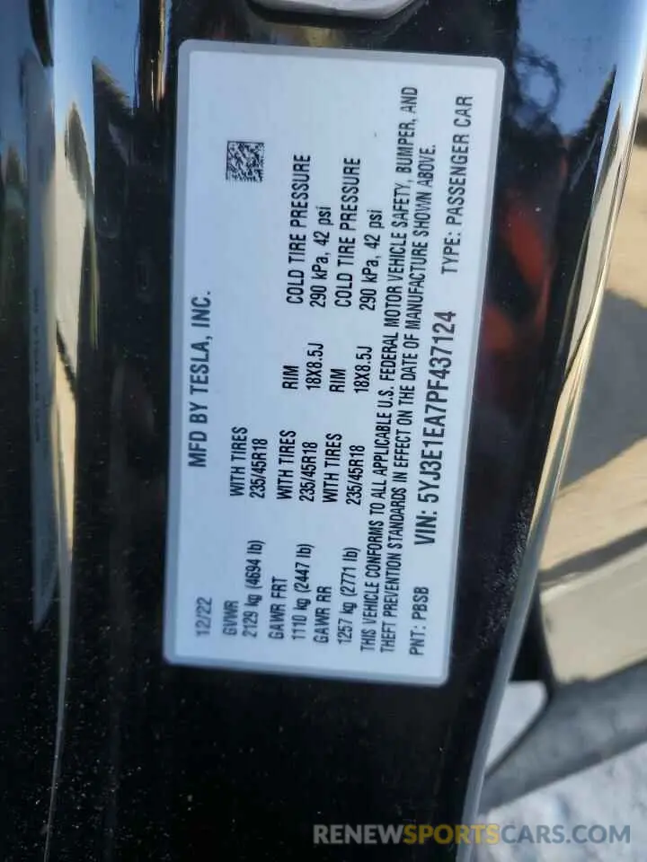 12 Фотография поврежденного автомобиля 5YJ3E1EA7PF437124 TESLA MODEL 3 2023