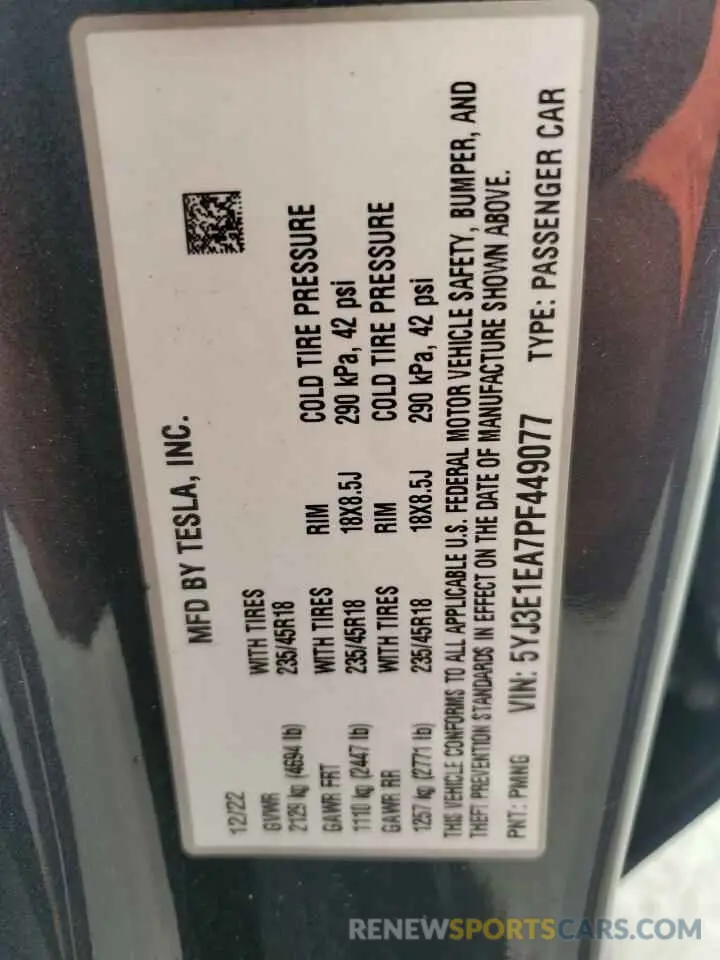 13 Фотография поврежденного автомобиля 5YJ3E1EA7PF449077 TESLA MODEL 3 2023