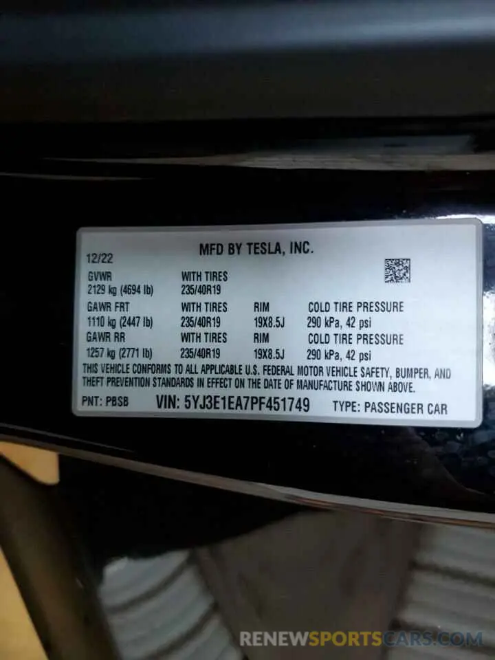12 Photograph of a damaged car 5YJ3E1EA7PF451749 TESLA MODEL 3 2023