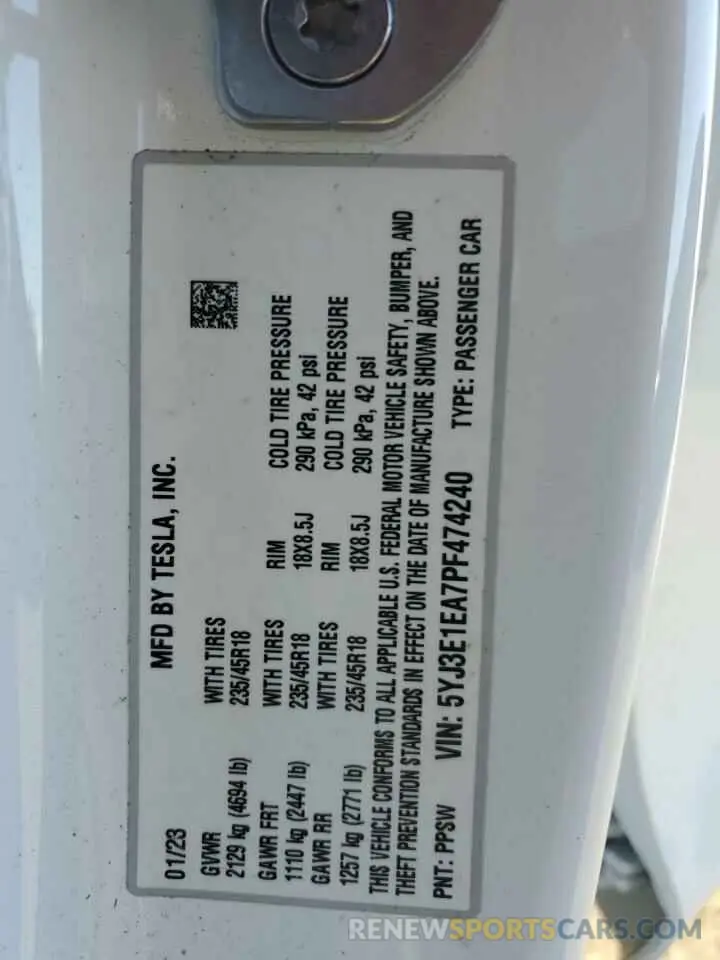 15 Photograph of a damaged car 5YJ3E1EA7PF474240 TESLA MODEL 3 2023