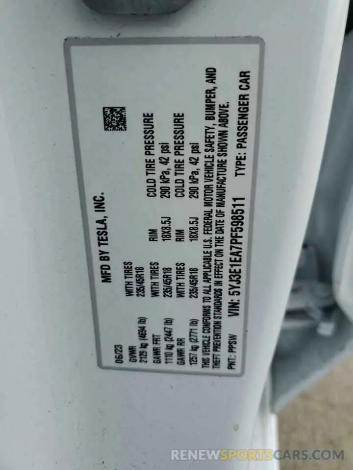 12 Фотография поврежденного автомобиля 5YJ3E1EA7PF598511 TESLA MODEL 3 2023