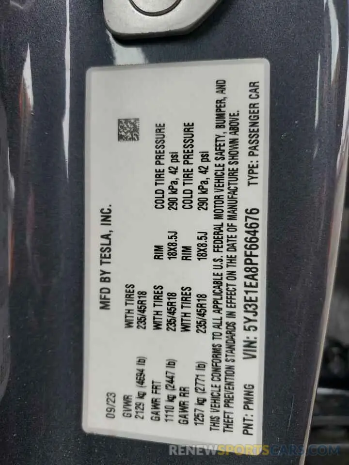 12 Фотография поврежденного автомобиля 5YJ3E1EA8PF664676 TESLA MODEL 3 2023