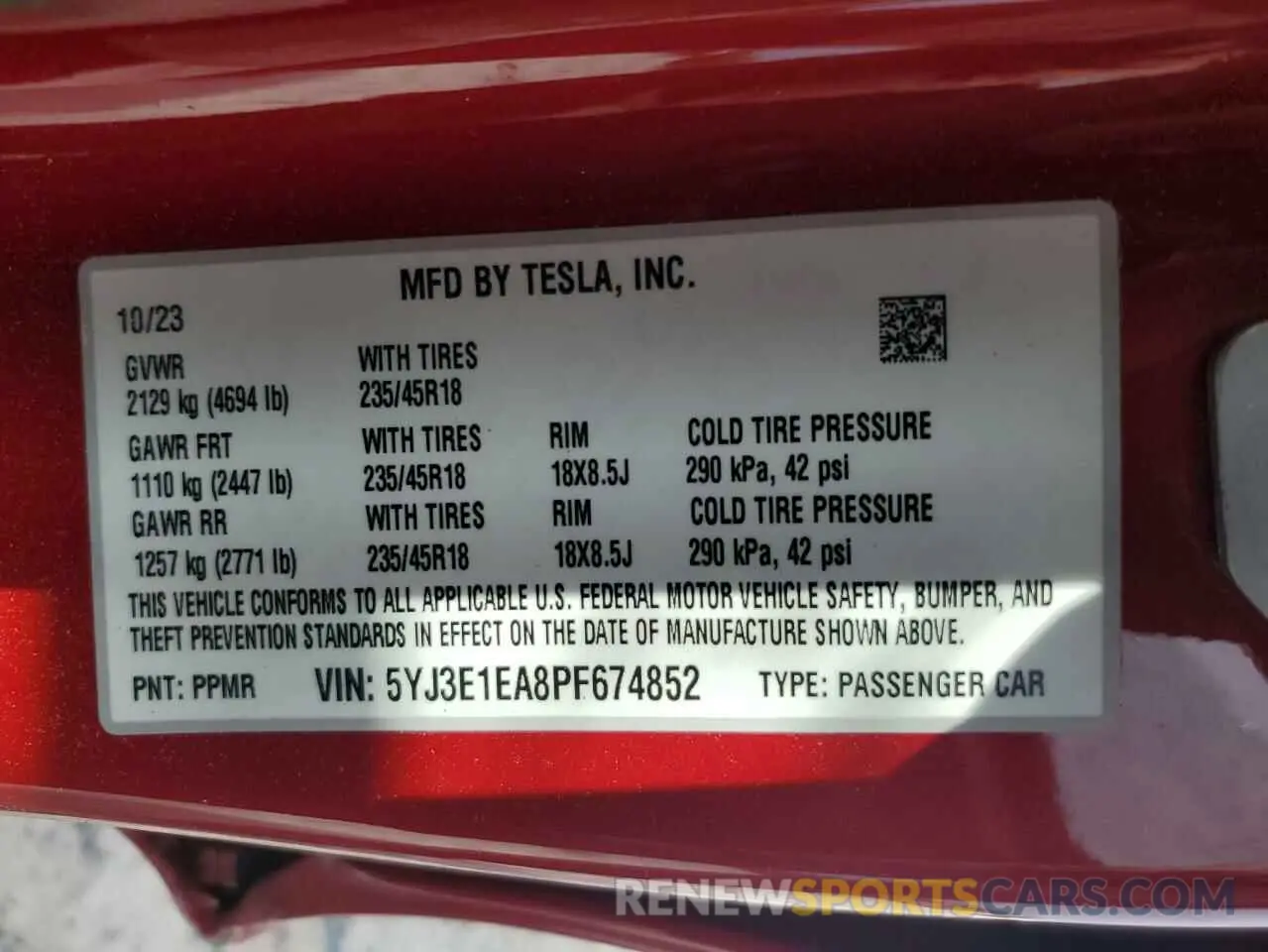 13 Фотография поврежденного автомобиля 5YJ3E1EA8PF674852 TESLA MODEL 3 2023