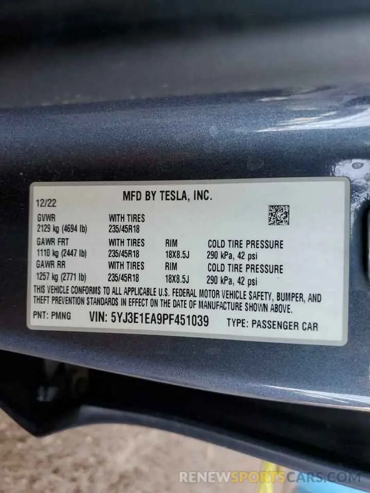 12 Фотография поврежденного автомобиля 5YJ3E1EA9PF451039 TESLA MODEL 3 2023