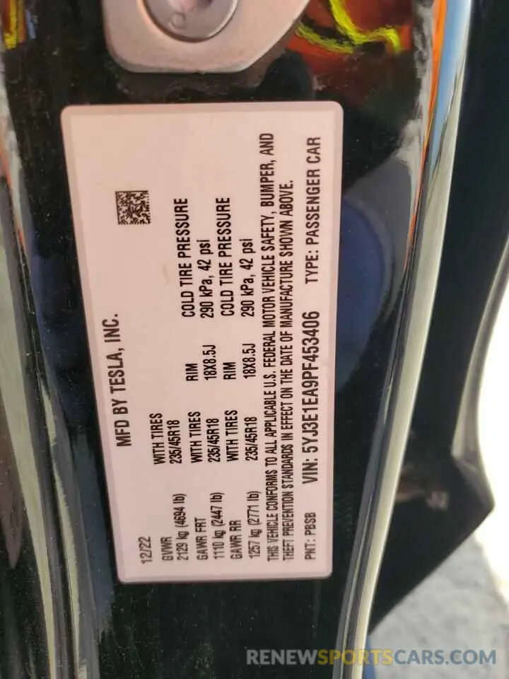 12 Фотография поврежденного автомобиля 5YJ3E1EA9PF453406 TESLA MODEL 3 2023