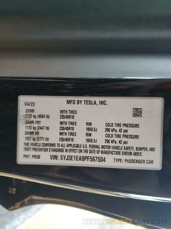 12 Фотография поврежденного автомобиля 5YJ3E1EA9PF567504 TESLA MODEL 3 2023